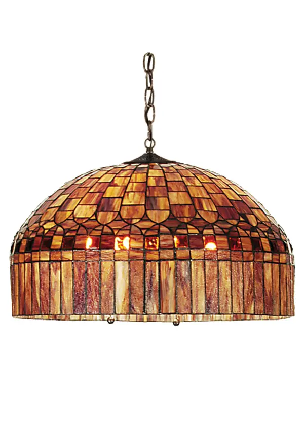 In the early 20th century; Tiffany Studios used artful mastery to develop the look of woven fabric with a fringed skirt out of glass. Meyda Tiffany is able to configure this timeless reproduction into a stunning shade. The striking shade features a dome brickwork design with fringe that reveals Multi-hued Autumn-like art glass including Amber; Brown; Beige and Mauve and enhanced with Amber glass jewels. The fixture is enhanced with a Mahogany Bronze finish. The overall height of this pendant ranges from 17.5 to 52.5 inches as the chain length can be easily adjusted in the field. UL and cUL listed for dry and damp locations.