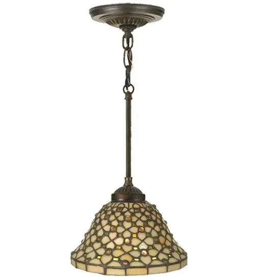 Diamond patterns of Iridescent Ivory and Ivy Green are accented throughout with sparkling Clear jewel droplets in this elegant Victorian-style shade. The versatile stained glass shade is created using Meyda Tiffany's famous copperfoil construction process. The hardware is hand-finished in a warm Mahogany Bronze. The overall height can be adjusted by combining the four stem lengths that are included: 6-inch; 12-inch; 16-inch; and 24-inch; in any combination to achieve the desired drop from the ceiling. The Diamond & Jewel Mini Pendant is included in our American-designed; handcrafted Stained Glass Lighting Collection. It is UL and cUL listed for dry and damp locations. Each shade is a unique work of art with color variations based on natural ingredients inherent in the glass. - alternate view