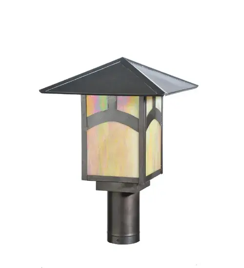 Custom made from Solid Brass. A stunning Craftsman Signature design statement is captured with a dramatic Mission styled profile combined with an abstract Hilltop design. The Beige Iridescent Glass diffuser is enhanced with a Craftsman Brown finish. This indoor/outdoor post mount is ideal for crowning posts and columns in hospitality and commercial environments; as well as residential settings such as Timber Frame Homes. Handmade in our 180;000 square foot manufacturing facility in Yorkville; New York. Diffuser colors; metal finishes and fixture sizes can be customized to your specifications. UL and cUL listed for dry; damp and wet locations. - alternate view