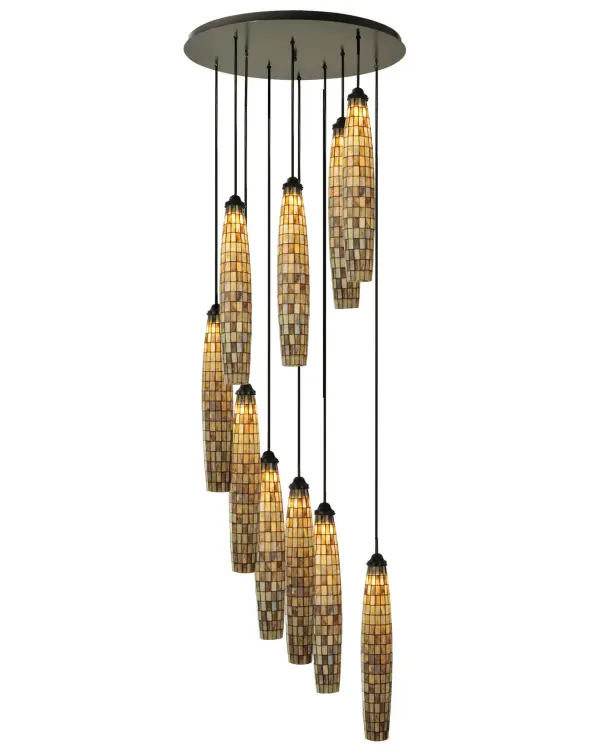 Checkers is an exquisite fixture featuring 10 shades; with cylindrical profiles; made from hand-cut rectangular pieces of Tortoise Shell Beige and Wispy Sky Beige stained glass. This contemporary ceiling pendant is handcrafted using the famous Meyda Tiffany copper foil construction technique. The long cylindrical shape of each shade is far from traditional. The shades are paired with hardware finished in Timeless Bronze. The pendant is ideal for placement in entryways and above stairways in residential; hospitality; and commercial interiors. The Checkers Cascading Pendant is part of our American-made; American-designed; handcrafted Deco Lighting Collection; manufactured in Yorkville; New York. The wall fixture is UL and cUL listed for dry and damp locations.
