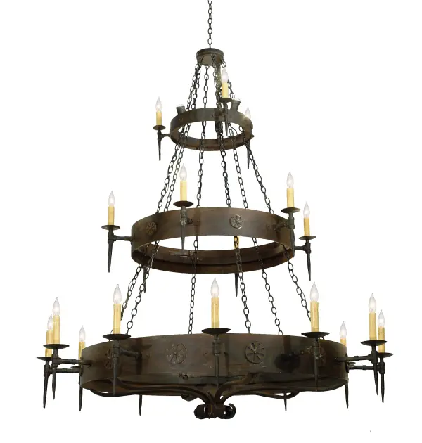 Bring Gothic Revival and rustic appeal into your home with this massive Warwick Chandelier. 21 Antique colored faux candlelights perched atop bobeches provide ambient lighting that conjures up images of romanticized bygone days. Crafted of iron & waxed by hand resulting in a living finish that will patina over time. Waxed Metal finishes require annual maintenance. Warwick is available in dozens of additional finishes that do not require maintenance; upon request. Overall height ranges from 87 to 207 inches as chain length can be easily adjusted in the field. Handmade in our 180;000 sq ft manufacturing facility in Yorkville; NY. Candlelight colors; metal finishes and sizes can be customized. UL and cUL listed for dry and damp locations.