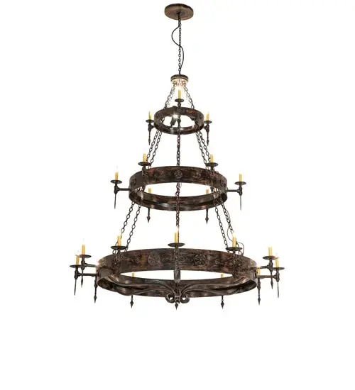 Bring Gothic Revival and rustic appeal into your home with this massive Warwick Chandelier. 21 Antique colored faux candlelights perched atop bobeches provide ambient lighting that conjures up images of romanticized bygone days. Crafted of iron & waxed by hand resulting in a living finish that will patina over time. Waxed Metal finishes require annual maintenance. Warwick is available in dozens of additional finishes that do not require maintenance; upon request. Overall height ranges from 87 to 207 inches as chain length can be easily adjusted in the field. Handmade in our 180;000 sq ft manufacturing facility in Yorkville; NY. Candlelight colors; metal finishes and sizes can be customized. UL and cUL listed for dry and damp locations. - alternate view