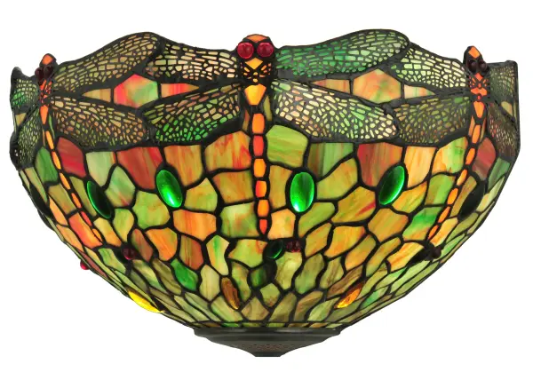 Inspired by a Tiffany Studio classic; the Dragonfly lighting masterpiece. Orange dragonflies with glowing Red jeweled eyes and filigree topped Multicolored wings diving over a Green and Orange background. The stunning shade is accented with Red; Green and Amber glass jewels. The art glass shade is created using the famous Meyda Tiffany copperfoil construction. The wall sconce is enhanced with a Mahogany Bronze. UL and cUL listed for dry and damp locations. Each shade is a unique work of art with color variations based on natural ingredients inherent in the glass. Contact us if color matching is critical when ordering multiple items.