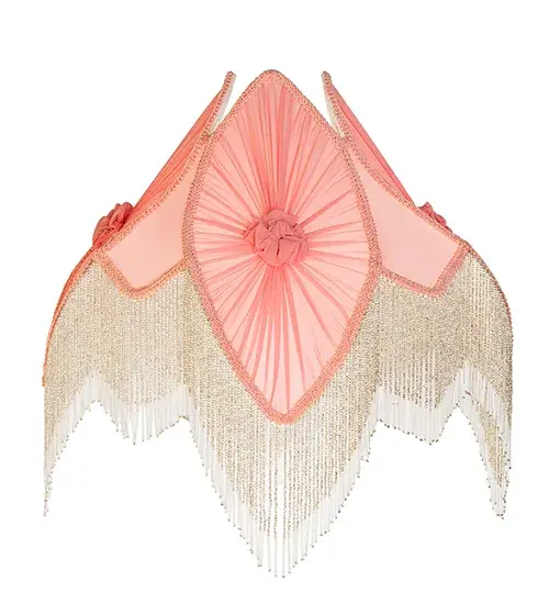 Pink pleated fabrics with floral accents are edged in Clear and Ivory Glass beaded trim. This Victorian-inspired; intricately detailed shade can be paired with a base to create a table or floor lamp; or matched with hardware to produce a ceiling fixture. Ideal as a lighted accent piece on a living room end table; dining room credenza; or bedroom nightstand. Inspired by beautiful fabrics and fashion from New York; to Chicago; Illinois; to Los Angeles; California. The Pink Fabric & Fringe Pink Shade is featured in our American-made; handcrafted Fabric & Fringe Collection. - alternate view