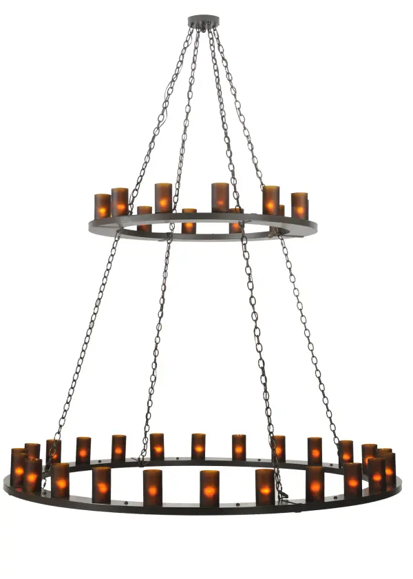 Replicating an old world chandelier of yore, Loxley was custom crafted with 24 Frosted Amber Glass Cylindres on two decorative rings hand finished in Timeless Bronze. Ideal for illuminating dining areas, conference tables, lobbies and other residential and commercial spaces. Handcrafted by highly skilled artisans in the USA, in our manufacturing facility in Yorkville, NY. Custom colors, styles and sizes available. Energy efficient lamping options. UL and cUL listed for dry and damp locations. Collection: Loxley Finish: Timeless Bronze Glass: Amber Glass Notes: Custom Crafted In Yorkville, New York Please Allow 30 Days Width: 72.00" Height: 93.00" Length: 72.00" Weight: 120.00 lb Number of Bulbs: 36 Maximum Wattage: 40.00 W Bulb Type: B11 Bulb Base: E26 Material: Steel Country of Origin: USA Safety Listing: Damp Safety Rating: Damp