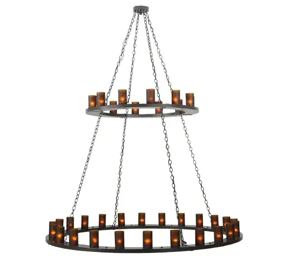 Replicating an old world chandelier of yore, Loxley was custom crafted with 24 Frosted Amber Glass Cylindres on two decorative rings hand finished in Timeless Bronze. Ideal for illuminating dining areas, conference tables, lobbies and other residential and commercial spaces. Handcrafted by highly skilled artisans in the USA, in our manufacturing facility in Yorkville, NY. Custom colors, styles and sizes available. Energy efficient lamping options. UL and cUL listed for dry and damp locations. Collection: Loxley Finish: Timeless Bronze Glass: Amber Glass Notes: Custom Crafted In Yorkville, New York Please Allow 30 Days Width: 72.00" Height: 93.00" Length: 72.00" Weight: 120.00 lb Number of Bulbs: 36 Maximum Wattage: 40.00 W Bulb Type: B11 Bulb Base: E26 Material: Steel Country of Origin: USA Safety Listing: Damp Safety Rating: Damp - alternate view