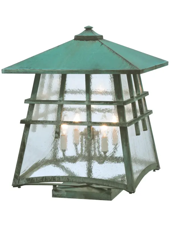 This Meyda Craftsman Signature fixture is perfect to illuminate exterior spaces for homes; hotels; clubs and other spaces where handsome outdoor lanterns are needed. Hand finished in a striking Verdigris finish that complements Clear Seedy glass. Made in the USA. Energy efficient lamping options available. UL listed for wet locations.