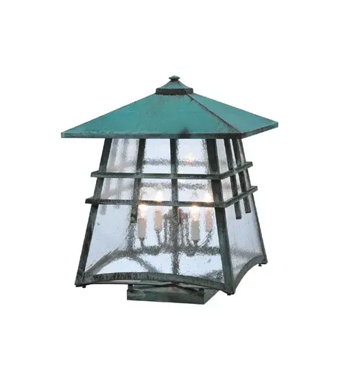 This Meyda Craftsman Signature fixture is perfect to illuminate exterior spaces for homes; hotels; clubs and other spaces where handsome outdoor lanterns are needed. Hand finished in a striking Verdigris finish that complements Clear Seedy glass. Made in the USA. Energy efficient lamping options available. UL listed for wet locations. - alternate view