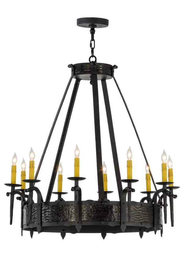 A hand hammered Steel belt finished in a stunning Costello Black embellishes this breathtaking chandelier. Ten Ivory faux candlelights supported by bobeches are attached to gracefully curved arms and provide decorative ambient lighting. Ideal for residential; restaurant; hotel and retail applications. Handcrafted by highly skilled artisans in our 180;000 square foot manufacturing facility in Yorkville; New York. Candlelight colors; metal finishes and fixture sizes can be customized. UL and cUL listed for dry and damp locations.