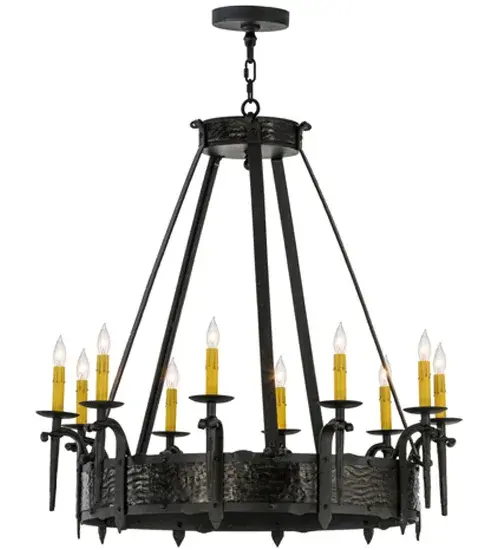 A hand hammered Steel belt finished in a stunning Costello Black embellishes this breathtaking chandelier. Ten Ivory faux candlelights supported by bobeches are attached to gracefully curved arms and provide decorative ambient lighting. Ideal for residential; restaurant; hotel and retail applications. Handcrafted by highly skilled artisans in our 180;000 square foot manufacturing facility in Yorkville; New York. Candlelight colors; metal finishes and fixture sizes can be customized. UL and cUL listed for dry and damp locations. - alternate view