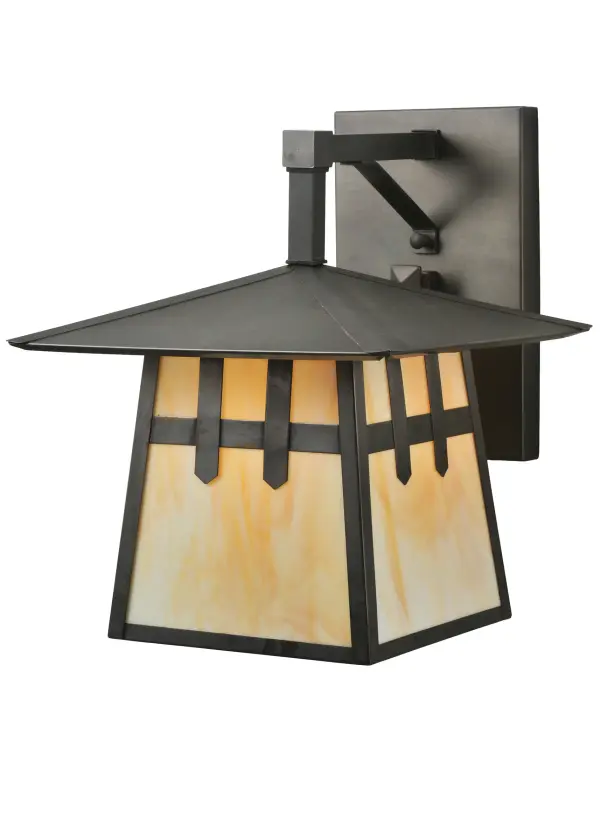 Custom made from Solid Brass. A stunning Craftsman Signature design statement is created with a dramatic Mission styled straight line design. Highlighted with Beige art glass shade and a Craftsman Brown finish. This indoor/outdoor wall sconce is handcrafted by highly skilled artisans in our 180;000 square foot manufacturing facility in Yorkville; NY. Lens colors; metal finishes and sconce sizes can be customized to meet your needs. UL and cUL listed for dry; damp and wet locations.