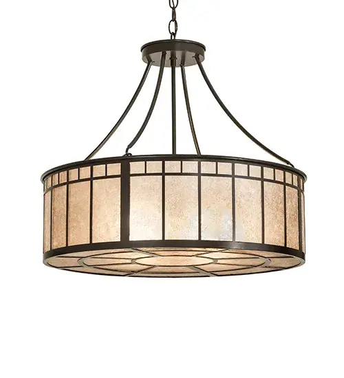 The Glendale Mission Inverted pendant features a continuous band of T-Mission patterns in a Timeless Bronze finish on an impressive drum-shaped shade. Inspired by the famed Arts and Crafts movement in design; this handsome ceiling fixture provides beautiful ambient light gently projected from a stunning Silver Mica shade with a matching bottom diffuser. The overall height ranges from 25 to 60 inches; as the chain length can be easily adjusted on location to accommodate your specific lighting application needs. The Glendale Mission Inverted Pendant is included in our American-made; American-designed; handcrafted Craftsman Lighting Collection; which is manufactured in Yorkville; New York. The fixture is UL and cUL listed for dry and damp locations. - alternate view
