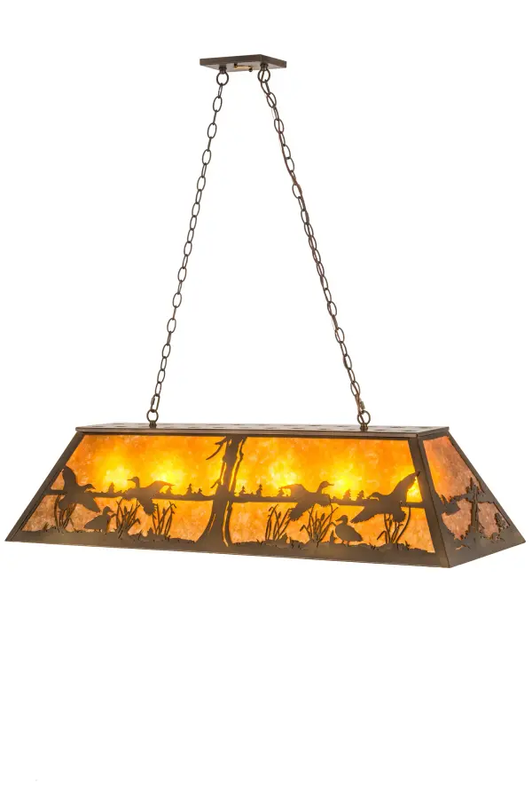 With a swoosh climbing sunward comes a flock of Ducks soaring in flight and stretching out above the mountain lake; against the sun-split sky and up towards the heavens. This charming pendant features a stunning Amber Mica shade; which diffuses soft ambient illumination as decorative accents; hardware; and frame are featured in an Antique Copper finish. This oblong fixture is ideal for illuminating kitchen islands; billiard tables; dining tables; counters; and bars in residential; hospitality; and commercial settings throughout the US; including Henderson; Nevada; Helena; Montana; and Everett; Washington. The Ducks in Flight Oblong Pendant is featured in our American-made; American-designed; handcrafted Wildlife Lighting Collection. This fixture is manufactured in Yorkville; New York. UL and cUL listed for dry and damp locations.