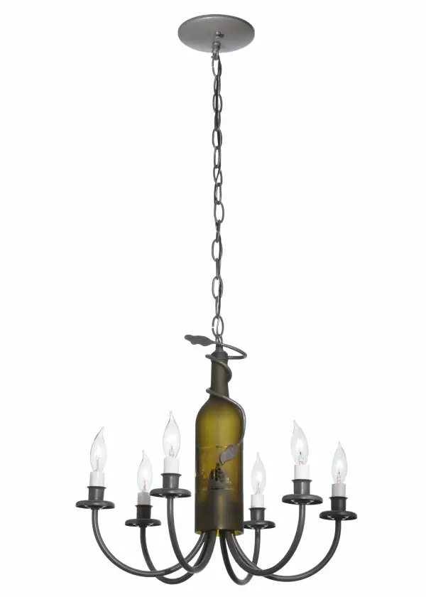 Capture the life of the party with the whimsical design of the Meyda Wine Bottle Chandelier. So much fun that you may want to hang from it; but don't! Liven up a restaurant; club or home with a chandelier that does so much more then deliver light; it adds personality and pizzazz. The wine bottle is accented with six graceful arms hand finished in Timeless Bronze. Handcrafted in the USA by Meyda artisans in the USA. Custom options available.