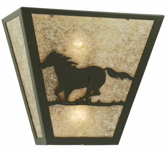 Running wild and free along the mountainside and into the sunset, this Running Horse is adorned with a windswept mane and flowing tail. The horse is graced with muscle that is so powerful yet so gentle. This exquisite wall sconce captures a horse silhouette with a matching frame and hardware in a Wrought Iron finish. The hardware is complemented with a stunning Silver Mica diffuser. This lighting fixture is ideal for illuminating hallways, entryways, and other residential, hospitality, and commercial spaces. This fixture complements the matching wall fixture, Running Horses Right Wall Sconce, model 112770. The Running Horses Wall Sconces are featured in our American-made, American-designed, handcrafted Wildlife Lighting Collection. This fixture is manufactured in Yorkville, New York. UL and cUL listed for dry and damp locations. Collection: Running Horses Finish: Wrought Iron Glass: Silver Mica Width: 13.00" Height: 12.00" Length: 6.50" Weight: 6.00 lb Extension from Wall: 6.50" Number of Bulbs: 2 Maximum Wattage: 60.00 W Bulb Type: A19 Bulb Base: E26 Material: Steel Country of Origin: USA Safety Listing: Damp Safety Rating: Damp - alternate view