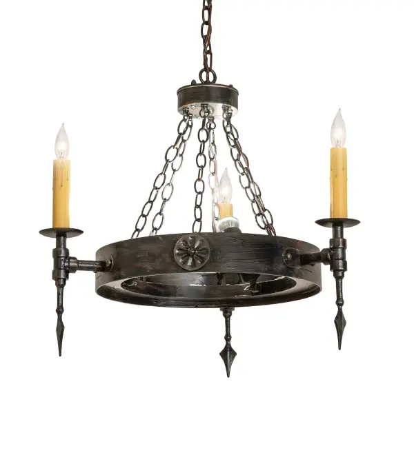 Bring Gothic Revival with a rustic motif into your home with the elegant Warwick Chandelier. Three Antique Gold faux candles perched atop bobeches feature 3 uplights that provide ambient illumination. Crafted of iron; Warwick is available in dozens of additional finishes. Overall height ranges from 31 to 61 inches as the chain length can be easily adjusted in the field. Custom crafted in our 180;000 square foot manufacturing facility in Yorkville; NY. Candlelight colors; fixture styles and sizes can be customized. ULand cUL listed for dry and damp locations.