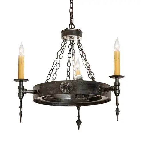 Bring Gothic Revival with a rustic motif into your home with the elegant Warwick Chandelier. Three Antique Gold faux candles perched atop bobeches feature 3 uplights that provide ambient illumination. Crafted of iron; Warwick is available in dozens of additional finishes. Overall height ranges from 31 to 61 inches as the chain length can be easily adjusted in the field. Custom crafted in our 180;000 square foot manufacturing facility in Yorkville; NY. Candlelight colors; fixture styles and sizes can be customized. ULand cUL listed for dry and damp locations. - alternate view