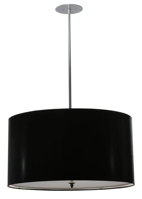 Designed with a curved profile and a bold architectural look. This appealing and versatile ceiling pendant reveals a sophisticated aesthetic. The Cilindro features a Black Paper shade enhanced with a Statuario Idalight bottom diffuser. The hardware is featured in Brushed Nickel finishes. Custom crafted by highly skilled artisans in our 180,000 square foot manufacturing facility in Yorkville, New York. Custom sizes, finishes and diffuser colors available. UL and cUL listed for dry and damp locations however we do not recommend installing it in spaces that experience a large amount of moisture due to the fabric shade. Collection: Cilindro Finish: Brushed Nickel Glass: Black Notes: Black Paper Shade Width: 32.00" Height: 48.00" Length: 32.00" Weight: 14.00 lb Extension from Wall: 3.75" Number of Bulbs: 4 Maximum Wattage: 60.00 W Bulb Type: A19 Bulb Base: E26 Material: Steel Country of Origin: USA Safety Listing: Damp Safety Rating: Damp