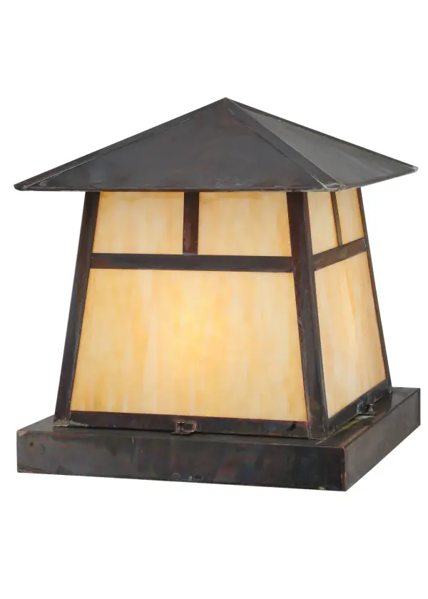 A handsome Mission T pattern adorns this striking American Craftsman lantern fixture.Hand finished in a stunning Vintage Copper and designed with warm Beige art glass; Meyda's Pier Mount was handcrafted by highly skilled artisans in the USA.UL Listed for wet locations