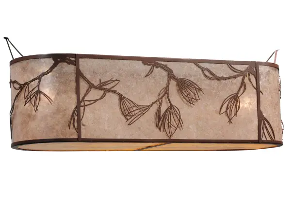 Invite the beauty of nature into your home with our charming Pine shade and Pine needles and branches. Perfect for above kitchen islands or dining tables. Experience the warm beauty of a Silver Mica shade with an Amber Mica diffuser. The shade is finished in Cafe Noir. The hardware; supplied by the customer; was finished in Rust. Handcrafted and assembled in the USA.