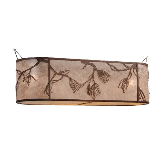 Invite the beauty of nature into your home with our charming Pine shade and Pine needles and branches. Perfect for above kitchen islands or dining tables. Experience the warm beauty of a Silver Mica shade with an Amber Mica diffuser. The shade is finished in Cafe Noir. The hardware; supplied by the customer; was finished in Rust. Handcrafted and assembled in the USA. - alternate view