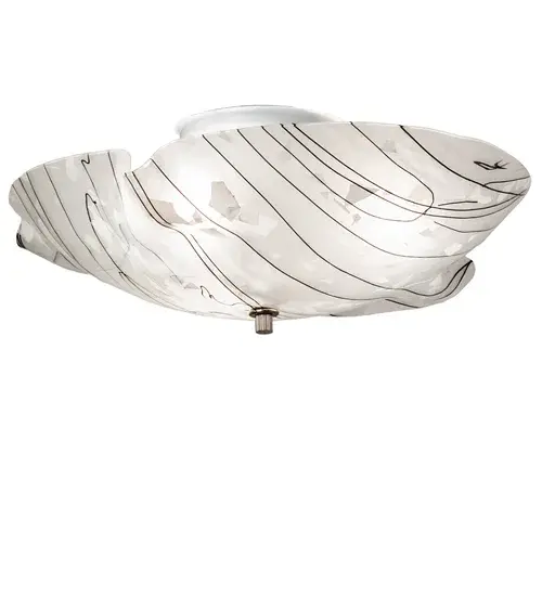 This elegant Atelier Branches organic-styled shade is the result of high-fired White Glass Fused with Black Streamers. The Wrinkle-styled fixture; which includes hardware featured in a Nickel finish; is the perfect centerpiece for any room. It is a true work of art. Ideal for homes; modern restaurants; and those that appreciate a work of beauty. Traditional artistry; high-fire kilns; and original tools are used to fuse art glass in the old world tradition and inspired by modern homes from Westchester County; New York; to Highland Park; Chicago; Illinois; to Northern California. The Atelier Branches Organic Flushmount is featured in our American-made; American-designed; handcrafted Fused Glass Lighting Collection. UL and cUL listed for dry and damp locations. Each shade is a unique work of art with color variations based on natural ingredients inherent in the glass. Please get in touch with us if color matching is critical when ordering multiple items. - alternate view