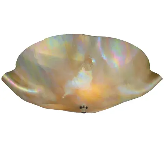 An elegant Wrinkled-styled shade is the result of high-fired Beige iridescent art glass. The Atelier organic fixture is the perfect centerpiece for any room. It is a true work of art. Ideal for homes; modern restaurants; and those that appreciate a work of beauty. Traditional artistry; high-fire kilns; and original tools are used to create art glass in the old world tradition and inspired by modern homes from Westchester County; New York; to Highland Park; Chicago; Illinois; to Northern California. The Atelier Art Glass Flushmount is featured in our American-made; American-designed; handcrafted Organic Art Glass Lighting Collection. UL and cUL listed for dry and damp locations. Each shade is a unique work of art with color variations based on natural ingredients inherent in the glass. Please let us know if color matching is critical when ordering multiple items.