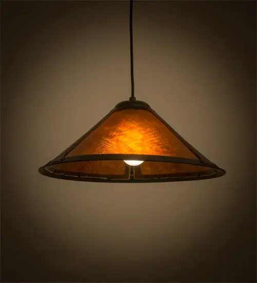 In the tradition of American master craftsman Dirk Van Erp; this appealing hand finished Textured Black shade frame glows with beautiful ambient light diffused through stunning Amber Mica. The shade is complemented with a Black finished cord and canopy. This handsome pendant was created by the hands of Meyda Craftsman at its manufacturing facility in Upstate New York in the USA. Custom sizes; styles and colors are available; as well as dimmable; energy efficient lamping options such as LED. The pendant is UL and cUL listed for damp and dry locations.