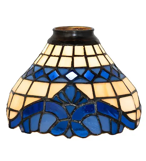 Regal scrolls and flourishes of Wedgewood Blue, with coordinating diamond accents on a Beige gridwork art glass background, adorn this exquisite Tiffany-styled shade. This beautiful art glass shade is created using the famous Meyda Tiffany copperfoil construction process. The shade features a metal ring that pairs well with hardware to build a wall sconce or ceiling pendant. The Baroque Shade is included in our American-designed, handcrafted Tiffany Stained Glass Collection. Each shade is a unique work of art with color variations based on natural ingredients inherent in the glass. Collection: Baroque Glass: Stained Glass Width: 7.00" Height: 5.00" Length: 7.00" Weight: 1.50 lb Country of Origin: CHINA Safety Rating: Dry - alternate view