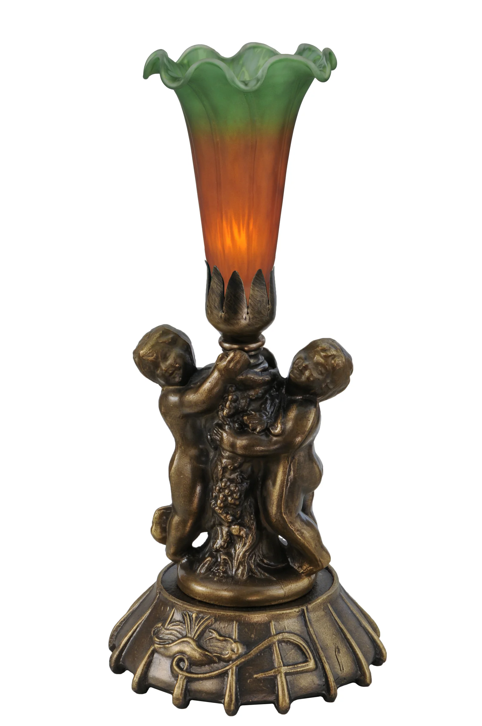 12" High Amber/Green Tiffany Pond Lily Twin Cherub Mini Lamp