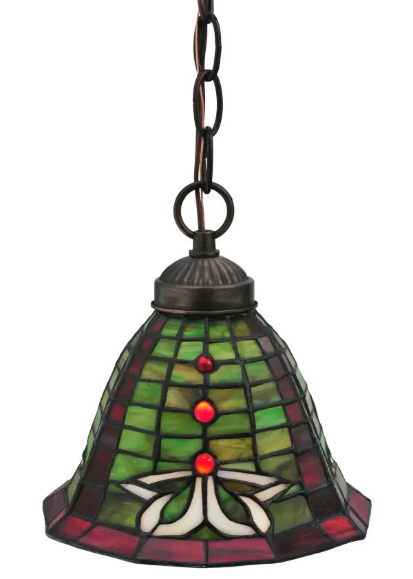 An incomparable Meyda Tiffany original design. The Faire Isle Beige Celtic knot pattern of this handsome Gaelic Moss Green and Burgundy stained glass shade is accented with Burgundy glass jewels. The shade is created using the famous Meyda Tiffany copperfoil construction and is perfectly paired with hardware which is hand-finished in Mahogany Bronze. Add this mini pendant in groups above bars; islands; and tables in residential; commercial; and hospitality settings from Pembroke; North Carolina; to Columbus; Ohio; to Minnetonka; Minnesota; to make a dramatic design statement. The overall height ranges from 11 to 46 inches; as the chain can be easily adjusted to meet your specific lighting requirements. The Dublin Mini Pendant is included in our American-designed; handcrafted Stained Glass Collection. UL and cUL listed for dry and damp locations. Each shade is a unique work of art with color variations based on natural ingredients inherent in the glass.