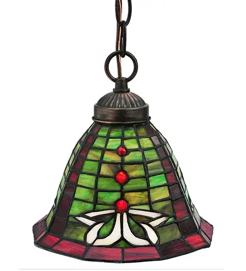 An incomparable Meyda Tiffany original design. The Faire Isle Beige Celtic knot pattern of this handsome Gaelic Moss Green and Burgundy stained glass shade is accented with Burgundy glass jewels. The shade is created using the famous Meyda Tiffany copperfoil construction and is perfectly paired with hardware which is hand-finished in Mahogany Bronze. Add this mini pendant in groups above bars; islands; and tables in residential; commercial; and hospitality settings from Pembroke; North Carolina; to Columbus; Ohio; to Minnetonka; Minnesota; to make a dramatic design statement. The overall height ranges from 11 to 46 inches; as the chain can be easily adjusted to meet your specific lighting requirements. The Dublin Mini Pendant is included in our American-designed; handcrafted Stained Glass Collection. UL and cUL listed for dry and damp locations. Each shade is a unique work of art with color variations based on natural ingredients inherent in the glass. - alternate view