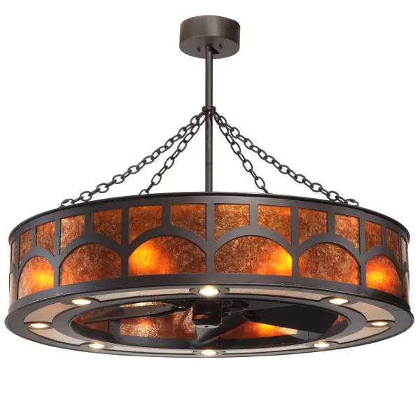 A fan-tastic; energy efficient decorating idea for a home; retail or hospitality location; this unique custom crafted Chandel-Air features an abstract hilltop design on Amber Mica with hardware and accents depicted in an Oil Rubbed Bronze finish. This modern marvel combines a ceiling fan with a handsome lighting fixture that includes eight inner lights for decorative illumination and eight down lights for task lighting. This fixture is handcrafted in Yorkville; New York by Meyda artisans. In summer; the fan pushes down a windchill that circulates to keep the space cool and comfortable. In winter; the fan is reversed to pull the room air up towards the ceiling and force the warm air back down and circulate to create warmth. Custom sizes; styles and colors are offered.