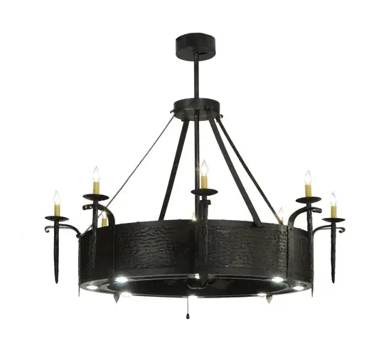Innovation never looked so good with this breathtaking custom lighting fixture that integrates ceiling fan technology. This rich, handsome design is featured in our award winning Chandel-Air collection. Enjoy beautiful light evoked from a hand hammered steel banded fixture featured in a Costello Black finish, which includes eight faux candlelights for decorative lighting and eight down lights for task lighting. Gentle breezes are produced by the fan spinning quietly in the center. In summer, the fan pushes down a windchill that circulates to keep the space cool and comfortable. In winter, the fan is reversed to pull the room air up towards the ceiling and force the warm air back down and circulate to create warmth. Collection: Costello Finish: Costello Black Oiled Bronze Glass: Ac Motor Notes: Custom Crafted In Yorkville, New York Please Allow 30 Days Width: 52.00" Height: 47.50" Length: 52.00" Weight: 150.00 lb Extension from Wall: 4.00" Number of Bulbs: 8 Maximum Wattage: 50.00 W Bulb Type: MR16 Bulb Base: E26 Airflow: 2287 CFM Electricity Use: 46 W Material: Steel Country of Origin: USA Safety Listing: Damp Safety Rating: Damp - alternate view