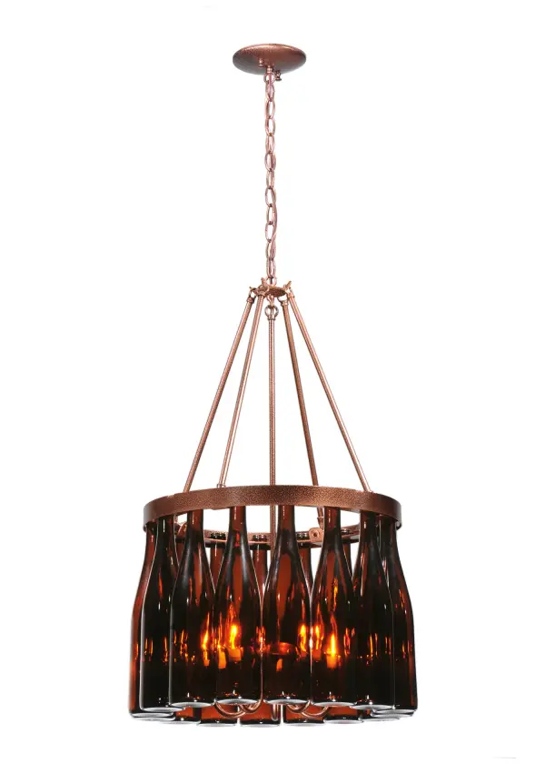 Capture the life of the party with the whimsical design of the Meyda Wine Bottle Chandelier. So much fun that you may want to hang from it; but don't! Liven up a restaurant; club or home with a chandelier that does so much more than deliver light; it adds personality and pizzazz. Sixteen Chardonnay bottles are suspended from a Copper Vein finished rim with five arms. Handcrafted in the USA by Meyda artisans in the USA. Custom options available.