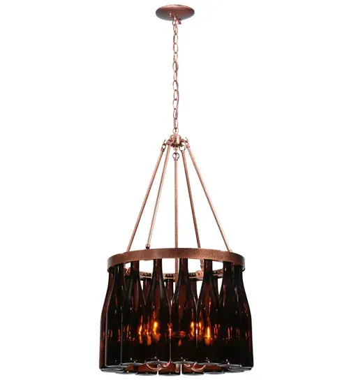 Capture the life of the party with the whimsical design of the Meyda Wine Bottle Chandelier. So much fun that you may want to hang from it; but don't! Liven up a restaurant; club or home with a chandelier that does so much more than deliver light; it adds personality and pizzazz. Sixteen Chardonnay bottles are suspended from a Copper Vein finished rim with five arms. Handcrafted in the USA by Meyda artisans in the USA. Custom options available. - alternate view