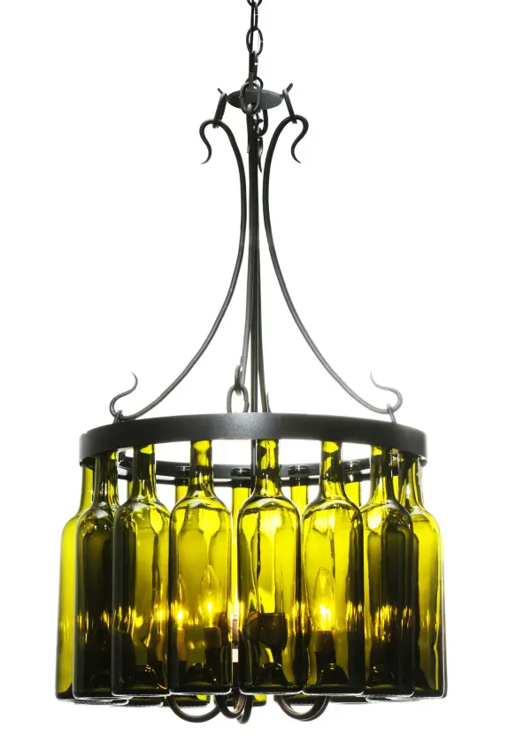Capture the life of the party with the whimsical design of the Meyda Wine Bottle Chandelier. So much fun that you may want to hang from it; but don't! Liven up a restaurant; club or home with a chandelier that does so much more then deliver light; it adds personality and pizzazz. Sixteen Chardonnay bottles are suspended from a Black finished rim with five arms. Handcrafted in the USA by Meyda artisans in the USA. Custom options available.