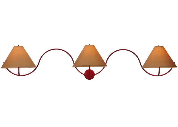 Inspired by the curved swooping of sound waves; this unique wall sconce features a beautifully Ruby Red finished metal profile. The three sophisticated shades feature elegant Kraft Paper for a Chic modern touch. The wall luminaire is ideal for illuminating hallways and dining areas in residential and hospitality spaces. The Soundwave 3 Light Wall Sconce is included in our American-designed; handcrafted Modern Lighting Collection. It is UL and cUL listed for use in dry and damp locations; however; we do not recommend installing it in spaces that experience excessive moisture due to the fabric shade.