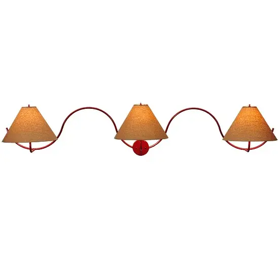 Inspired by the curved swooping of sound waves; this unique wall sconce features a beautifully Ruby Red finished metal profile. The three sophisticated shades feature elegant Kraft Paper for a Chic modern touch. The wall luminaire is ideal for illuminating hallways and dining areas in residential and hospitality spaces. The Soundwave 3 Light Wall Sconce is included in our American-designed; handcrafted Modern Lighting Collection. It is UL and cUL listed for use in dry and damp locations; however; we do not recommend installing it in spaces that experience excessive moisture due to the fabric shade. - alternate view