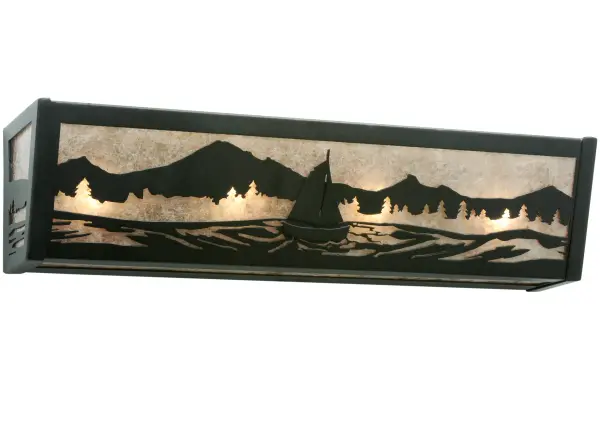 May the wind be always at your back as this boat sails on this mountain lake and is captured beautifully in this charming Vanity Light. Soft ambient light shines through a Silver Mica diffuser and a frame and decorative accents featured in a Textured Black finish. Use this fixture as a vanity light for a fine bath or a beautiful wall sconce for corridors and other rooms. The Sailboat Mountain View Vanity Light is featured in our American made; American designed Nautical Lighting Collection. Manufactured in Yorkville; New York. UL and cUL listed for dry and damp locations.
