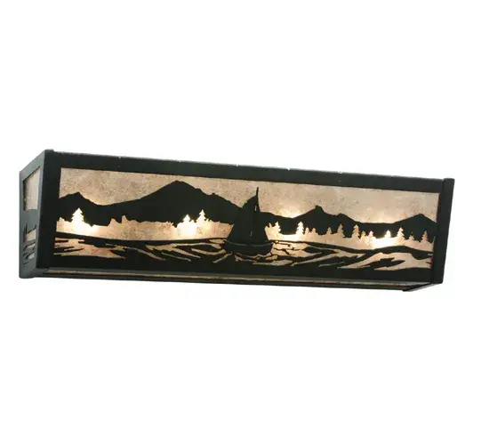 May the wind be always at your back as this boat sails on this mountain lake and is captured beautifully in this charming Vanity Light. Soft ambient light shines through a Silver Mica diffuser and a frame and decorative accents featured in a Textured Black finish. Use this fixture as a vanity light for a fine bath or a beautiful wall sconce for corridors and other rooms. The Sailboat Mountain View Vanity Light is featured in our American made; American designed Nautical Lighting Collection. Manufactured in Yorkville; New York. UL and cUL listed for dry and damp locations. - alternate view