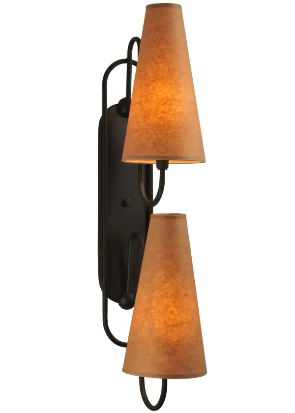 A Retro lighting design for the ages. The Clef Wall Sconce features two Cone-shaped Oiled Kraft Textrene shades embraced with curvaceous arms. The wall plate and hardware are featured in an Oil Rubbed Bronze finish. The Clef 2 Wall Sconce is featured in our American made, American designed handcrafted Retro Lighting Collection. Manufactured in Yorkville, New York. UL and cUL listed for dry and damp locations. Collection: Clef Finish: Oil Rubbed Bronze Glass: Kraft Textrene Notes: Custom Crafted In Yorkville, New York Please Allow 30 Days Width: 6.00" Height: 29.00" Length: 10.00" Weight: 3.50 lb Extension from Wall: 10.00" Number of Bulbs: 2 Maximum Wattage: 40.00 W Bulb Type: B10 Bulb Base: E12 Material: Steel Country of Origin: USA Safety Listing: Damp Safety Rating: Damp