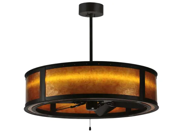 A fan-tastic and energy efficient decorating idea for a home, retailer or hospitality location, this Meyda Chandel-Air" combines a ceiling fan with a handsome Amber mica diffuser. A famed Smythe Craftsman design, hand finished in Oil Rubbed Bronze, is featured on the outside of this stunning pendant/fan fixture. This unique design is the first Chandel-Air engineered with LEDs (light emitting diodes) which eliminate bulb replacement, reduce energy costs and has a lamp life to 50,000 Hours! Handcrafted in Yorkville, New York by highly skilled Meyda artisans. This energy saving "Chandel-Air" can be used to pull hot air up and keep the space cool in the summer, and reversed in the winter to push down hot air and maintain warmth. UL listed for damp locations. " Collection: Smythe Craftsman Finish: Oil Rubbed Bronze Oiled Bronze Glass: Amber Mica Ac Motor Width: 36.50" Height: 31.00" Length: 36.50" Weight: 80.00 lb Number of Bulbs: 5 Maximum Wattage: 78.00 W Bulb Type: STRIP Bulb Base: INTEGRAL Light Source: LED Color Temperature: 4000 K Airflow: 2287 CFM Electricity Use: 46 W Material: Steel Country of Origin: USA Safety Listing: Damp Safety Rating: Damp Energy Efficient LED