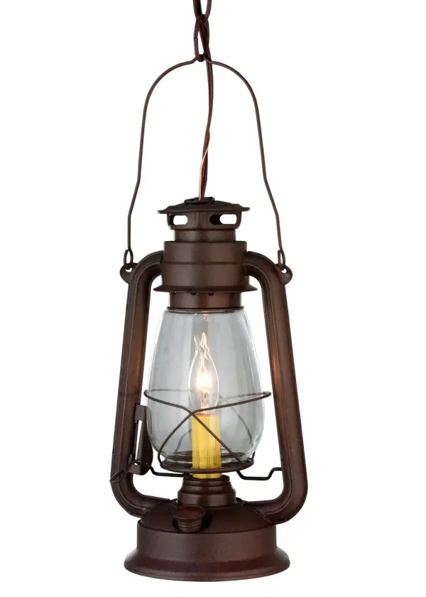 Reminiscent of days of yore, the Meyda Miners Lantern is perfect for a variety of indoor and outdoor applications in a home, restaurant, retail store or hotel. A classic, nostalgic design with an electric candlelight inside. Hand finished in Mahogany Bronze with a Clear Glass chimney shade. Handcrafted by Meyda artisans in the USA. The pendant includes 3 feet of chain and 4 feet of wire. Collection: Miners Lantern Finish: Mahogany Bronze Glass: Clear Glass Width: 7.00" Height: 20.00" Length: 7.00" Weight: 2.00 lb Number of Bulbs: 1 Maximum Wattage: 60.00 W Bulb Type: B10 Bulb Base: E12 Material: Steel Country of Origin: USA Safety Listing: Damp Safety Rating: Damp