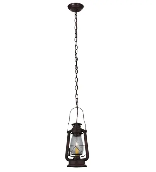 Reminiscent of days of yore, the Meyda Miners Lantern is perfect for a variety of indoor and outdoor applications in a home, restaurant, retail store or hotel. A classic, nostalgic design with an electric candlelight inside. Hand finished in Mahogany Bronze with a Clear Glass chimney shade. Handcrafted by Meyda artisans in the USA. The pendant includes 3 feet of chain and 4 feet of wire. Collection: Miners Lantern Finish: Mahogany Bronze Glass: Clear Glass Width: 7.00" Height: 20.00" Length: 7.00" Weight: 2.00 lb Number of Bulbs: 1 Maximum Wattage: 60.00 W Bulb Type: B10 Bulb Base: E12 Material: Steel Country of Origin: USA Safety Listing: Damp Safety Rating: Damp - alternate view