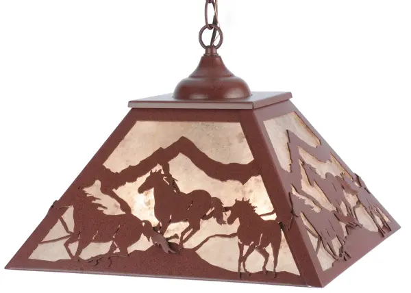 Running Horses gallop along the mountainside on this handsome ceiling fixture. Beautiful ambient lighting is projected through Silver Mica diffuser panels and hand finished in Rust. The overall height ranges from 15.5 to 45 inches as the chain length can be easily adjusted in the field to accommodate your specific lighting needs. Made to Order in our 180,000 sq. ft. manufacturing facility in Yorkville, NY at the foothills of the breathtaking Adirondack Mountains. Pendant sizes, metal finishes and shade colors and materials can be customized. UL and cUL listed for damp and dry locations. Collection: Running Horses Finish: Rust Glass: Silver Mica Notes: Custom Crafted In Yorkville, New York Please Allow 30 Days Width: 22.00" Height: 15.50" Length: 15.50" Weight: 9.00 lb Number of Bulbs: 2 Maximum Wattage: 60.00 W Bulb Type: A19 Bulb Base: E26 Material: Steel Country of Origin: USA Safety Listing: Damp Safety Rating: Damp