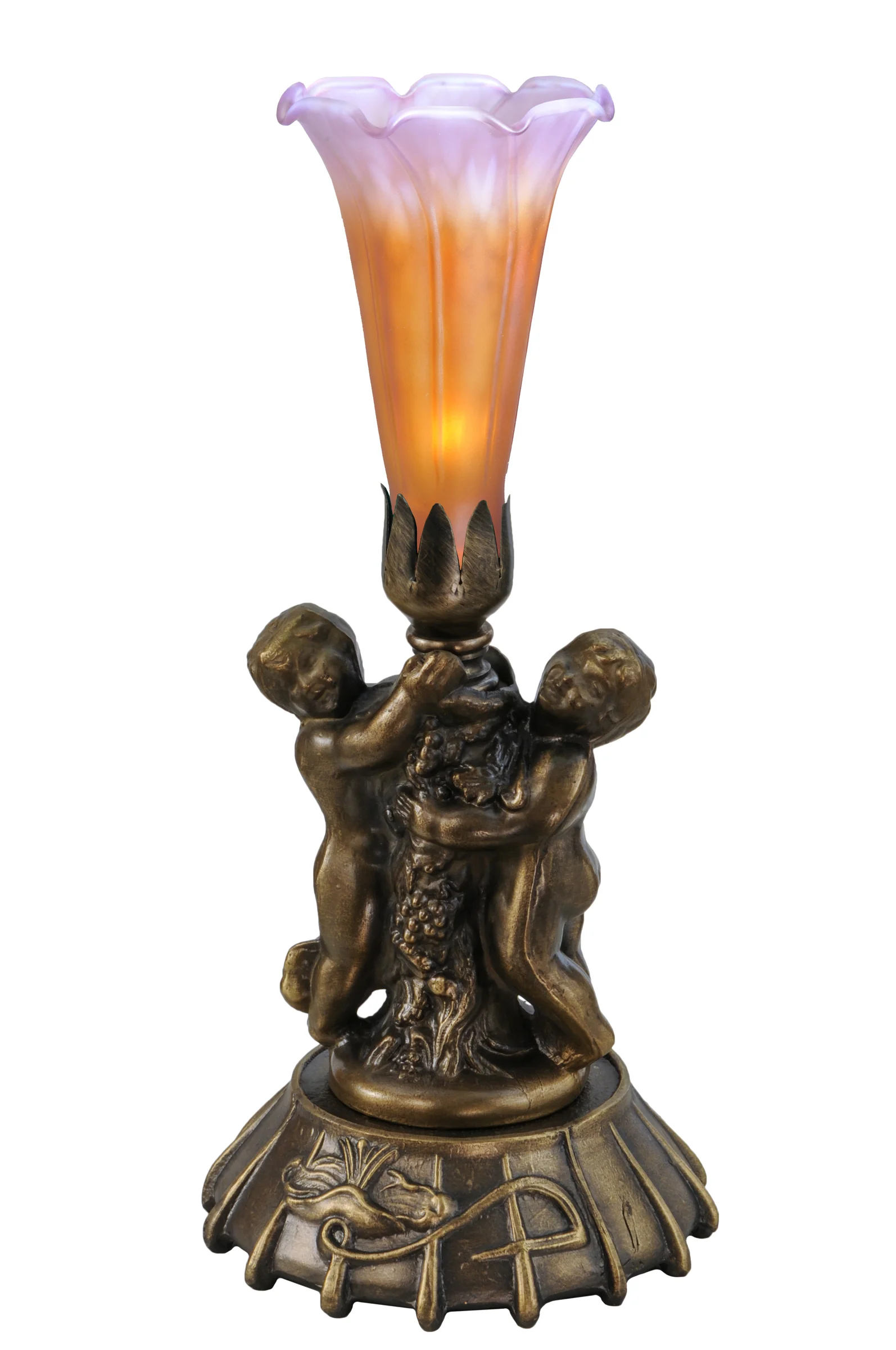 12" High Amber/Purple Tiffany Pond Lily Twin Cherub Mini Lamp