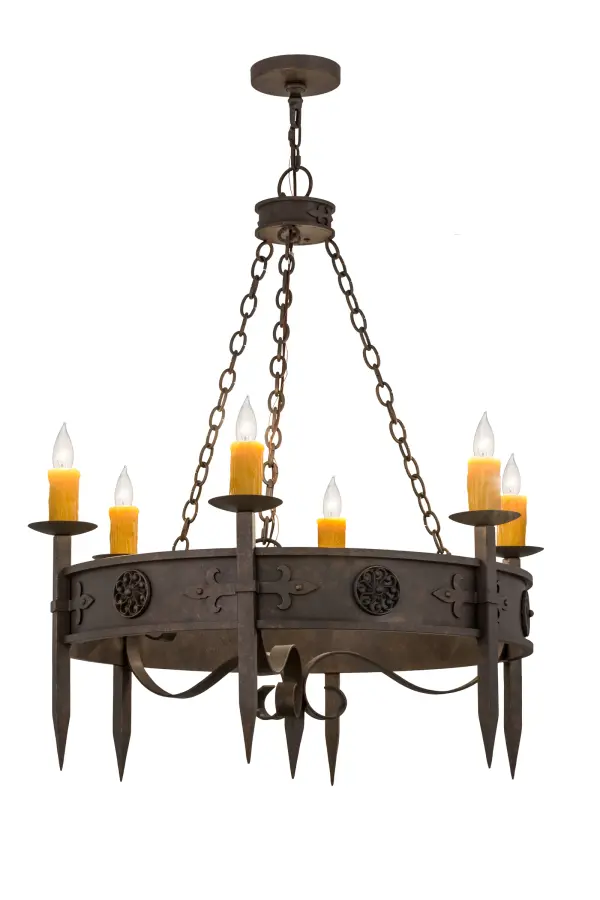 Designed to add character and warmth to any interior; Calandra features six faux Amber candlelights with steel bobeches and spiked arms in a stunning Gilded Tobacco finish. The frame and hardware are accentuated with scrolls; medallions and Gothic styled accents in a matching finish. Custom crafted in the USA; this chandelier is available in custom sizes; styles and colors; as well as dimmable energy efficient lamping options. This ceiling fixture is UL and cUL listed for damp and dry locations.