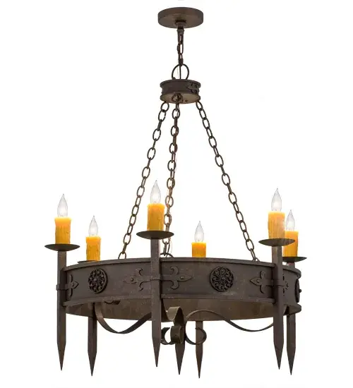 Designed to add character and warmth to any interior; Calandra features six faux Amber candlelights with steel bobeches and spiked arms in a stunning Gilded Tobacco finish. The frame and hardware are accentuated with scrolls; medallions and Gothic styled accents in a matching finish. Custom crafted in the USA; this chandelier is available in custom sizes; styles and colors; as well as dimmable energy efficient lamping options. This ceiling fixture is UL and cUL listed for damp and dry locations. - alternate view