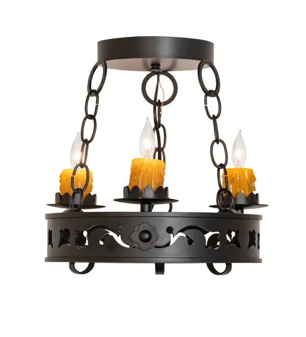 Custom crafted for the King or Queen in your castle; Sagebrush presents a touch of warm opulence blended with handsome rustic styling. This chandelier offers an extraordinary transitional style as sparkling illumination evokes from 3 stunning Amber faux candlelights that adorn the perimeter of this Solid Steel ring with floral and scroll accents in a Blackwash finish. This fixture will make a design statement as a centerpiece in any room including an entryway; dining room; lobby; conference room and other locations. Handcrafted by highly skilled artisans in the USA; this fixture is available in custom sizes; styles; colors and dimmable energy efficient lamping options including LED. Sagebrush is UL and cUL listed for dry and damp locations.
